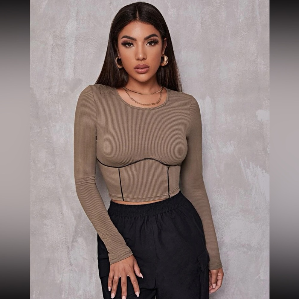 Mocha brown and black contrast long sleeved crop top